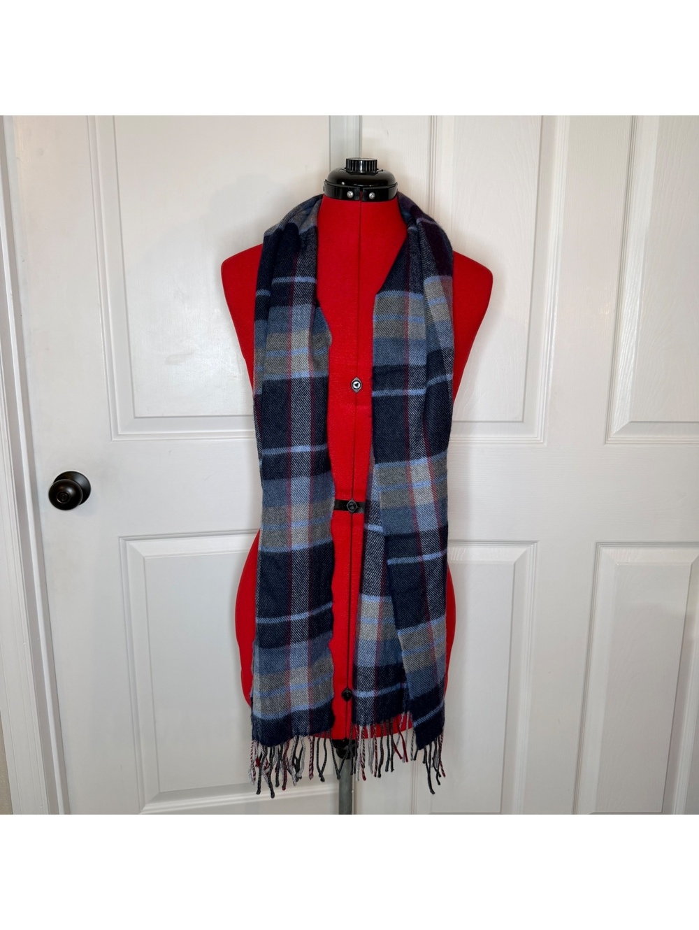 John Hanley Blue Burgundy Plaid Made in Ireland Extra Fine Merino Wool Scarf